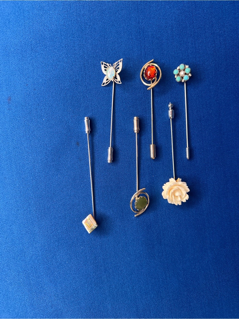 6 Vintage Assorted Floral and Gemstick - Hat Pins. Turquoise, Cream Accents